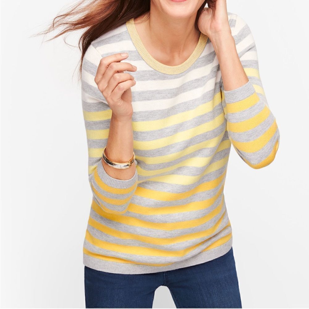 TALBOTS Yellow Gray Ombre Like New stripes Long Sleeve CrewNeck Pullover Medium